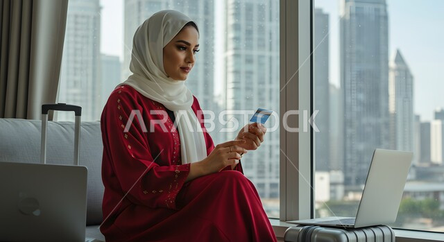 الشراء والدفع من خلال برامج وتطبيقات الجوال، إمكانية تسديد الفواتير عبر الكريدت كارت، إمرأة عربية خليجية سعودية مبتسمة ترتدي الحجاب تمسك بيدها الهاتف المحمول وبطاقة الائتمان البنكية، نمط وجودة الحياة في المملكة، تعابير السرور باستخدام التقنيات والوسائل الحديثة