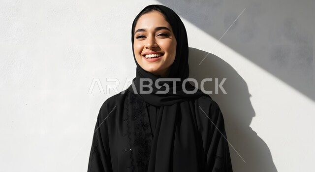 الاهتمام بالمظهر الخارجي، مفهوم الأنوثة والنعومة، الملامح العربية القوية، أزياء محجبات عصرية وأنيقة، صورة مقربة لشابة عربية خليجية سعودية ترتدي العباءة والحجاب بإيماءات البهجة والسرور