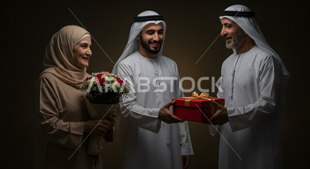 ايماءات السعادة والسرور، مفهوم رضى الوالدين والإحسان اليهم، أجواء عائلية سعيدة مليئة بالحب، بورتريه مقرب لشاب عربي خليجي اماراتي مبتسم يرتدي الكندورة والغترة يقدم باقة ورد وصندوق هدية أحمر لوالديه، الأعياد والمناسبات الأسرية السعيدة، خلفية سوداء