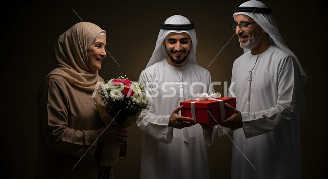 ايماءات السعادة والسرور، مفهوم رضى الوالدين والإحسان اليهم، أجواء عائلية سعيدة مليئة بالحب، بورتريه مقرب لشاب عربي خليجي اماراتي مبتسم يرتدي الكندورة والغترة يقدم باقة ورد وصندوق هدية أحمر لوالديه، الأعياد والمناسبات الأسرية السعيدة، خلفية سوداء