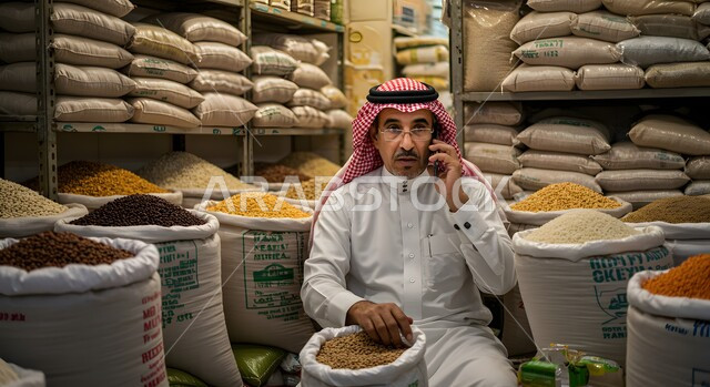 الاسواق التقليدية الشعبية لبيع البهارات والعطريات, محصول زراعي ومنتج وطني محلي، رجل عربي خليجي سعودي يرتدي الشماغ والثوب التقليدي يجلس في محل لعرض التوابل الملونة والمتنوعة والحبوب, اجراء مكالمة صوتية عبر الهاتف المحمول، منكه وملون طبيعي للمأكولات والأطعمة