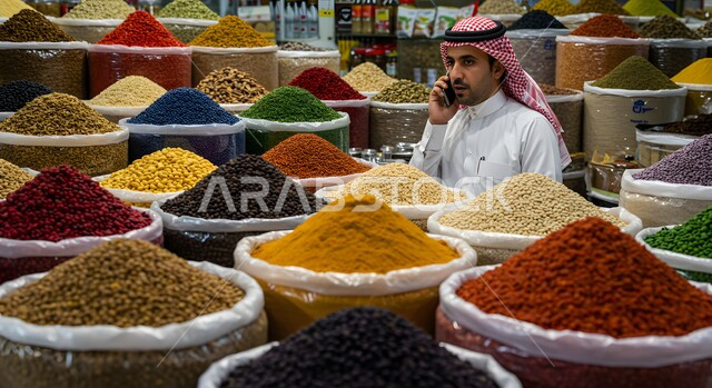 الاسواق التقليدية الشعبية لبيع البهارات والعطريات, محصول زراعي ومنتج وطني محلي، رجل عربي خليجي سعودي يرتدي الشماغ والثوب التقليدي يجلس في محل لعرض التوابل الملونة والمتنوعة والحبوب, اجراء مكالمة صوتية عبر الهاتف المحمول، منكه وملون طبيعي للمأكولات والأطعمة
