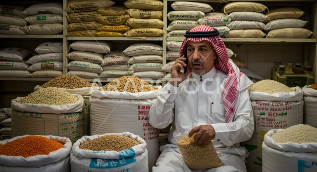 الاسواق التقليدية الشعبية لبيع البهارات والعطريات, محصول زراعي ومنتج وطني محلي، رجل عربي خليجي سعودي يرتدي الشماغ والثوب التقليدي يجلس في محل لعرض التوابل الملونة والمتنوعة والحبوب, اجراء مكالمة صوتية عبر الهاتف المحمول، منكه وملون طبيعي للمأكولات والأطعمة