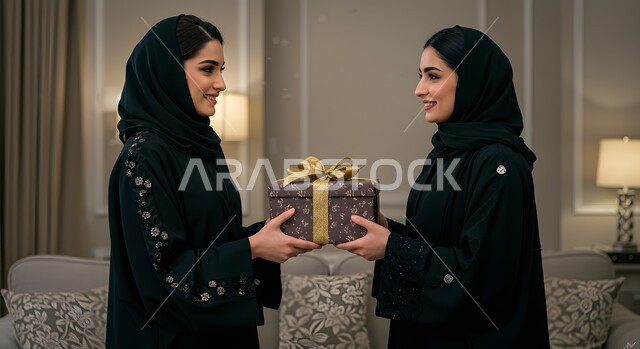 تبادل الهدايا في المناسبات السعيدة, الاحتفال بأعياد الميلاد, التعبير عن المحبة والتقدير, صورة مقربة لامرأة عربية خليجية سعودية محجبة ترتدي العباءة تقدم علبة الهدية لفتاة, إيماءات السعادة والسرور