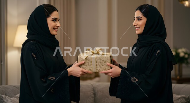 تبادل الهدايا في المناسبات السعيدة, الاحتفال بأعياد الميلاد, التعبير عن المحبة والتقدير, صورة مقربة لامرأة عربية خليجية سعودية محجبة ترتدي العباءة تقدم علبة الهدية لفتاة, إيماءات السعادة والسرور