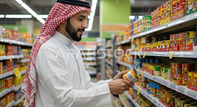 عرض المنتجات المحلية الوطنية في السوبر ماركت, السهولة والراحة في التسوق, قضاء وقت ممتع في اختيار اللوازم المنزليه, صورة مقربة لرجل عربي سعودي خليجي مبتسم يرتدي الثوب التقليدي والشماغ يقوم بتفقد صلاحية المعلبات، شراء الاحتياجات من المول