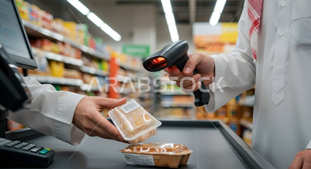 استخدام قارئ الباركود للتحقق من المنتج وسعره، العمل كأمين صندوق، صورة مقربة لرجل سعودي خليجي يرتدي الثوب التقليدي والشماغ يقوم بإدخال المنتجات الى الحاسب، شراء الاحتياجات المنزلية داخل السوبرماركت، تطور التكنولوجيا والتقنية في المراكز التجارية السعودية