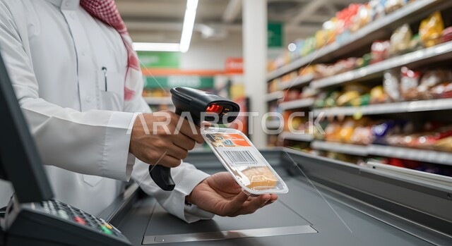 Using a barcode reader to check a product and its price, working as a cashier, close-up of a Saudi Gulf man wearing a traditional thobe and shemagh entering products into a computer, buying household necessities in a supermarket, the development of technology and technology in Saudi shopping malls