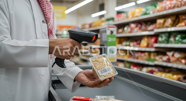 Using a barcode reader to check a product and its price, working as a cashier, close-up of a Saudi Gulf man wearing a traditional thobe and shemagh entering products into a computer, buying household necessities in a supermarket, the development of technology and technology in Saudi shopping malls
