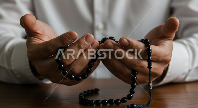 Worship, obedience and drawing closer to God, a close-up of the hand of a Saudi Arabian Gulf man wearing traditional clothing holding a rosary made of black beads, glorifying God, praising Him and remembering Him, striving in worship