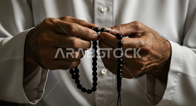  العبادة والطاعة والتقرب الى الله، صورة مقربة ليد رجل عربي خليجي سعودي يرتدي الثوب التقليدي يمسك بيده سبحة من حبات من الخرز السوداء ، التسبيح والتهليل وذكر الله تعالى، الاجتهاد في العبادات