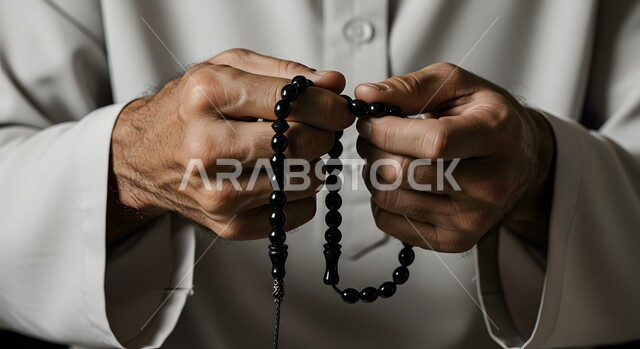  العبادة والطاعة والتقرب الى الله، صورة مقربة ليد رجل عربي خليجي سعودي يرتدي الثوب التقليدي يمسك بيده سبحة من حبات من الخرز السوداء ، التسبيح والتهليل وذكر الله تعالى، الاجتهاد في العبادات
