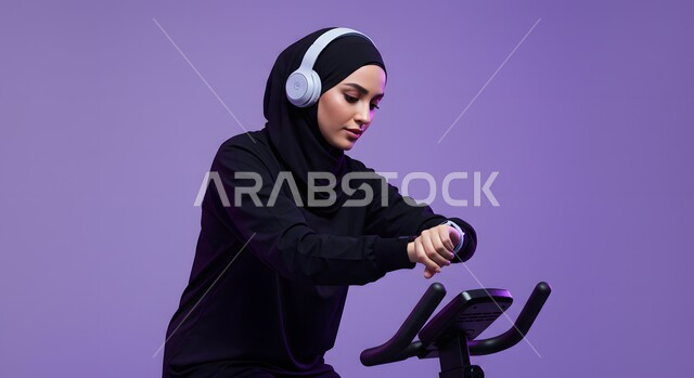 التدرب بعزيمة للمحافظة على نظام الحياة الصحي، ايماءات السعادة والنشاط، مفهوم الرشاقة واللياقة، بورتريه لفتاة عربية خليجية سعودية ترتدي الملابس الرياضية تضع الهيدفون على رأسها تتتابع تقدمها في الأداء على جهاز المشي، ممارسة الهوايات المفيدة، خلفية بنفسجية