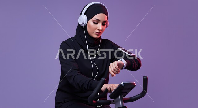 التدرب بعزيمة للمحافظة على نظام الحياة الصحي، ايماءات السعادة والنشاط، مفهوم الرشاقة واللياقة، بورتريه لفتاة عربية خليجية سعودية ترتدي الملابس الرياضية تضع الهيدفون على رأسها تتتابع تقدمها في الأداء على جهاز المشي، ممارسة الهوايات المفيدة، خلفية بنفسجية