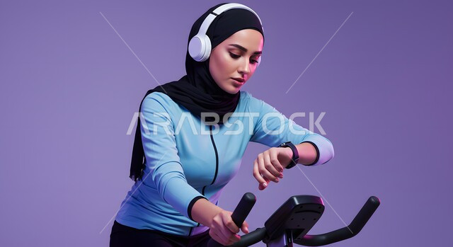 التدرب بعزيمة للمحافظة على نظام الحياة الصحي، ايماءات السعادة والنشاط، مفهوم الرشاقة واللياقة، بورتريه لفتاة عربية خليجية سعودية ترتدي الملابس الرياضية تضع الهيدفون على رأسها تتتابع تقدمها في الأداء على جهاز المشي، ممارسة الهوايات المفيدة، خلفية بنفسجية