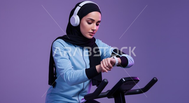 التدرب بعزيمة للمحافظة على نظام الحياة الصحي، ايماءات السعادة والنشاط، مفهوم الرشاقة واللياقة، بورتريه لفتاة عربية خليجية سعودية ترتدي الملابس الرياضية تضع الهيدفون على رأسها تتتابع تقدمها في الأداء على جهاز المشي، ممارسة الهوايات المفيدة، خلفية بنفسجية