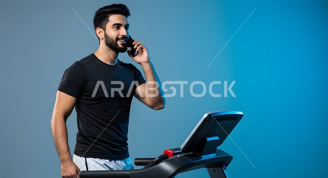 Practicing useful hobbies, training with determination to maintain a healthy lifestyle, gestures of happiness and activity, concept of fitness and agility, close-up portrait of a young Saudi Arabian Gulf man wearing sportswear making a mobile phone call and exercising on a treadmill, blue background
