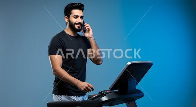 ممارسة الهوايات المفيدة، التدرب بعزيمة للمحافظة على نظام الحياة الصحي، ايماءات السعادة والنشاط، مفهوم الرشاقة واللياقة، بورتريه مقرب لشاب عربي خليجي سعودي يرتدي الملابس الرياضية يقوم باجراء مكالمة عبر الهاتف المحمول والتمرين على جهاز المشي، خلفية زرقاء