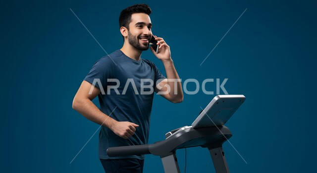 Practicing useful hobbies, training with determination to maintain a healthy lifestyle, gestures of happiness and activity, concept of fitness and agility, close-up portrait of a young Saudi Arabian Gulf man wearing sportswear making a mobile phone call and exercising on a treadmill, blue background