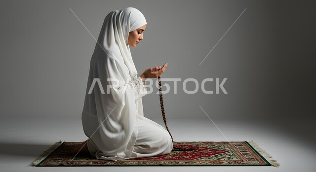 الدعاء والطلب والتمني من الله، ايماءات تدل على التوسل والتضرع، الإجتهاد في العبادة والحفاظ على الصلوات، بورتريه من الجانب لإمرأة عربية سعودية خليجية ترتدي الحجاب والعباءة البيضاء تمسك بيدها السبحة تجلس على سجادة الصلاة ترفع يديها وتدعو الله، خلفية رمادية