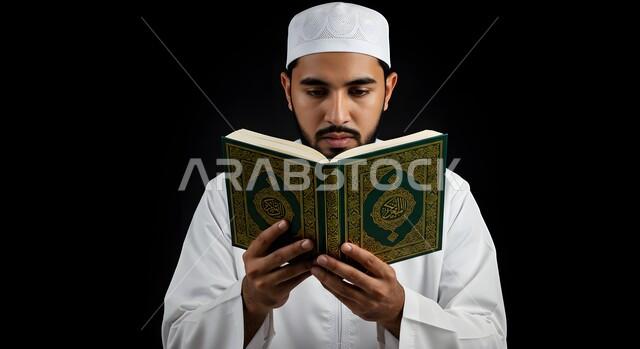 إيماءات الإجتهاد والخشوع في العباده, التقرب الى رب العالمين، بورتريه مقرب لرجل عربي خليجي اماراتي يرتدي الكندورة والقبعة يمسك بيده القرآن الكريم يقوم بالقراءة والتلاوة، خلفية سوداء