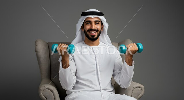 Physical activity to maintain physical fitness, portrait of an Emirati Gulf Arab man wearing a kandura and ghutra exercising with dumbbells, bodybuilding and muscle building, weightlifting exercises (dumbbells), heavy iron weights, gray background