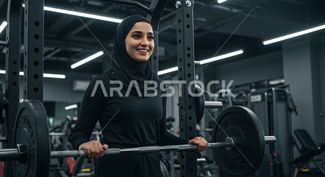 حرق الدهون والسعرات الحراريه، الاستعداد لممارسة التمارين الرياضية بايماءات الحماس والسعادة، شابة عربية خليجية سعودية محجبة تقوم بحمل الأوزان، نشاط رياضي للمحافظة على صحة الجسم، تمارين رفع الأثقال داخل الجيم
