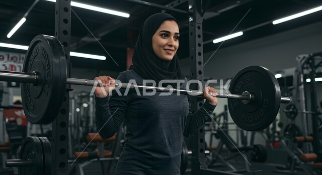 حرق الدهون والسعرات الحراريه، الاستعداد لممارسة التمارين الرياضية بايماءات الحماس والسعادة، شابة عربية خليجية سعودية محجبة تقوم بحمل الأوزان، نشاط رياضي للمحافظة على صحة الجسم، تمارين رفع الأثقال داخل الجيم