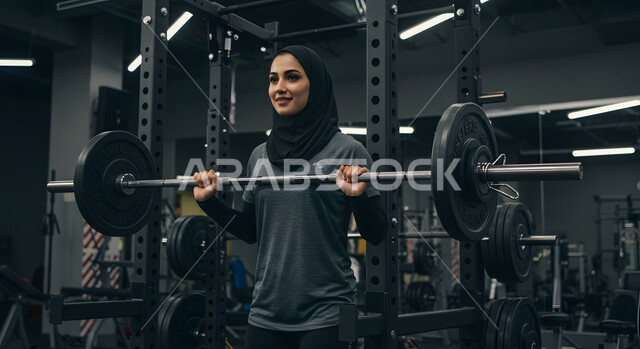 حرق الدهون والسعرات الحراريه، الاستعداد لممارسة التمارين الرياضية بايماءات الحماس والسعادة، شابة عربية خليجية سعودية محجبة تقوم بحمل الأوزان، نشاط رياضي للمحافظة على صحة الجسم، تمارين رفع الأثقال داخل الجيم
