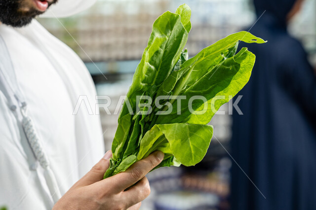 التبضع واختيار الخضروات الورقية الطازجة بعناية من السوبرماركت، صورة مقربه ليد رجل عربي خليجي إماراتي يرتدي الكندورة البيضاء يمسك بيده باقة من الجرجير أثناء تقييمه لجودة المنتج، الوعي الغذائي والاهتمام بالتغذية الصحية، منتجات زراعية محليه اماراتية