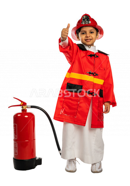 Portrait of a stylish Saudi Arabian Gulf boy, dressed as a fireman, different face and hands gestures, civil defense profession concept, equipment for firefighting, future profession, white background, wearing a helmet and work protection jacket, fire ext