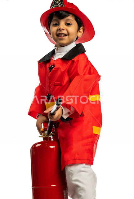 Portrait of a stylish Saudi Arabian Gulf boy, dressed as a fireman, different face and hands gestures, civil defense profession concept, equipment for firefighting, future profession, white background, wearing a helmet and work protection jacket, fire ext