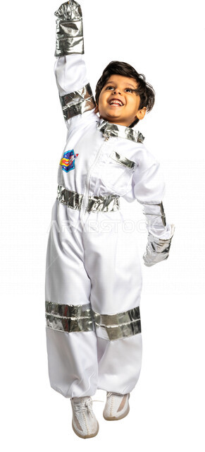 Portrait of a smiling Saudi Arabian Gulf Arab boy, dressed as an astronaut, raising his hand up, dreaming of becoming an astronaut, pointing upwards with different facial and hands gestures denoting happiness, dream of reaching space and the moon, white b