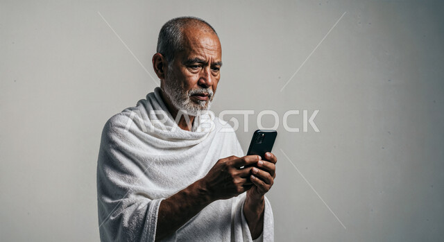 Using the Hajj guide application on mobile, performing Hajj and Umrah rituals, close-up portrait of a Saudi Arabian Gulf Muslim pilgrim wearing Ihram clothes using a mobile phone, white background