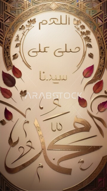 اللهمصلي على سيدنا محمد، تصميم مميز بالخط العربي، قالب إسلامي ديني، مخطوطة باللغة العربية واللون الذهبي، فضل الصلاة على رسول الله، خلفية مزخرفة