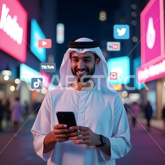 استخدام جهاز تقني حديث متطور، صورة مقربة لرجل عربي خليجي اماراتي مبتسم يرتدي الغترة والكندورة يمسك بيده الهاتف المحمول، تصفح وسائل التواصل الاجتماعي، خلفية ايقونات تطبيقات السوشل ميديا
