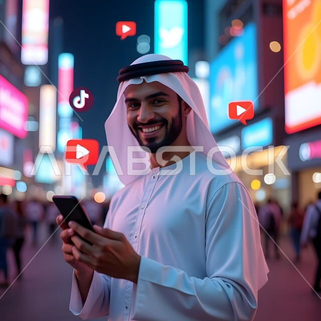 استخدام جهاز تقني حديث متطور، صورة مقربة لرجل عربي خليجي اماراتي مبتسم يرتدي الغترة والكندورة يمسك بيده الهاتف المحمول، تصفح وسائل التواصل الاجتماعي، خلفية ايقونات تطبيقات السوشل ميديا
