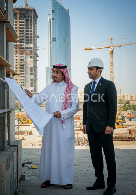 التطور المعماري والحضاري في المملكة العربية السعودية، الاشرف على أعمال البناء والمقاولات والتطوير العقاري، مراقبة تشييد المباني والمشاريع الضخمة، رجل عربي خليجي سعودي يرتدي الشماغ والثوب التقليدي يقوم بالشرح لمستثمر اجنبي يرتدي البدلة الرسمية في موقع البناء