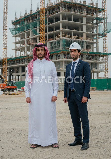 التطور المعماري والحضاري في المملكة العربية السعودية، الاشرف على أعمال البناء والمقاولات والتطوير العقاري، مراقبة تشييد المباني والمشاريع الضخمة، رجل عربي خليجي سعودي يرتدي الشماغ والثوب التقليدي يقوم بالشرح لمستثمر اجنبي يرتدي البدلة الرسمية في موقع البناء