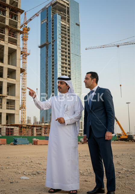 التطور المعماري والحضاري في المملكة العربية السعودية، الاشرف على أعمال البناء والمقاولات والتطوير العقاري، مراقبة تشييد المباني والمشاريع الضخمة، رجل عربي خليجي سعودي يرتدي الغترة والثوب التقليدي يقوم بالشرح لمستثمر اجنبي يرتدي البدلة الرسمية في موقع البناء
