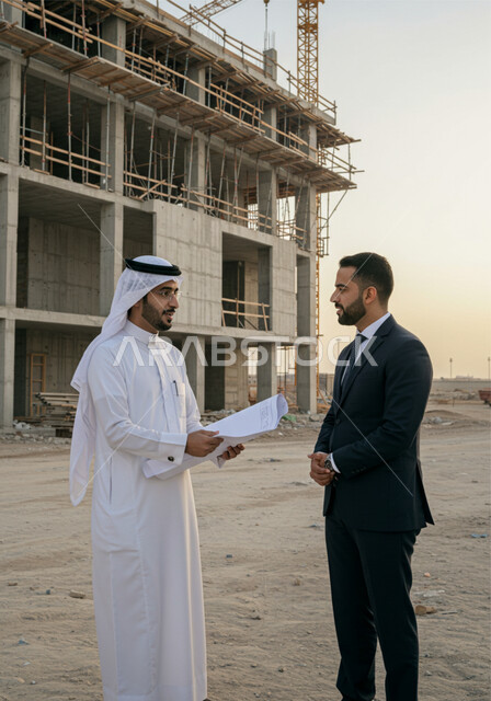 التطور المعماري والحضاري في المملكة العربية السعودية، الاشرف على أعمال البناء والمقاولات والتطوير العقاري، مراقبة تشييد المباني والمشاريع الضخمة، رجل عربي خليجي سعودي يرتدي الغترة والثوب التقليدي يقوم بالشرح لمستثمر اجنبي يرتدي البدلة الرسمية في موقع البناء