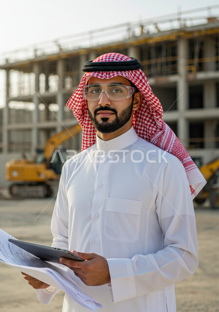 التطور المعماري والحضاري في المملكة العربية السعودية، الاشرف على أعمال البناء والمقاولات والتطوير العقاري، مراقبة تشييد المباني والمشاريع الضخمة، صورة مقربة لرجل عربي خليجي سعودي يرتدي الشماغ والثوب التقليدي يمسك بيده المخطط ينظر الى الكاميرا بتعابير الجدية