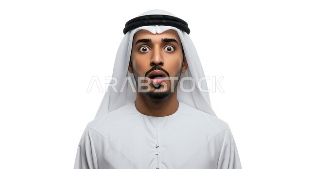التعجب والصدمة من حصول أمر ما، ايماءات تدل على الذهول لسماع خبر مفاجئ، بورتريه مقرب لرجل عربي خليجي اماراتي يرتدي الكندورة والغترة ينظر إلى الكاميرا بتعابير الدهشة والخوف، خلفية بيضاء
