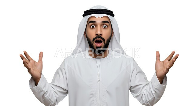 التعجب والصدمة من حصول أمر ما، ايماءات تدل على الذهول لسماع خبر مفاجئ، بورتريه مقرب لرجل عربي خليجي اماراتي يرتدي الكندورة والغترة ينظر إلى الكاميرا بتعابير الدهشة والخوف، خلفية بيضاء