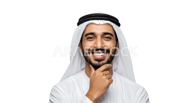 النظر الى الكاميرا بتعابير السرور والسعادة، بورتريه مقرب لرجل عربي خليجي اماراتي مبتسم يرتدي الكندورة والغترة يضع يده تحت ذقنه، مفهوم الأناقة والوسامة، الاهتمام بالمظهر الخارجي، خلفية بيضاء