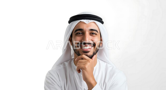 النظر الى الكاميرا بتعابير السرور والسعادة، بورتريه مقرب لرجل عربي خليجي اماراتي مبتسم يرتدي الكندورة والغترة يضع يده تحت ذقنه، مفهوم الأناقة والوسامة، الاهتمام بالمظهر الخارجي، خلفية بيضاء