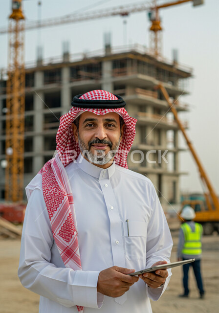 التطور المعماري والحضاري في المملكة العربية السعودية، الاشرف على أعمال البناء والمقاولات والتطوير العقاري، مراقبة تشييد المباني والمشاريع الضخمة، صورة مقربة لرجل عربي خليجي سعودي يرتدي الشماغ والثوب التقليدي يمسك بيده جهاز التابلت ينظر الى الكاميرا بتعابير السرور