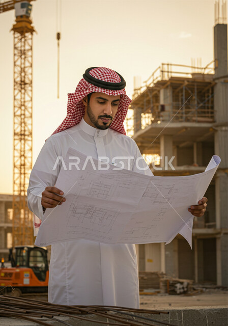 التطور المعماري والحضاري في المملكة العربية السعودية، الاشرف على أعمال البناء والمقاولات والتطوير العقاري، مراقبة تشييد المباني والمشاريع الضخمة، صورة مقربة لرجل عربي خليجي سعودي يرتدي الشماغ والثوب التقليدي يمسك بيده المخطط بتعابير التركيز والجدية