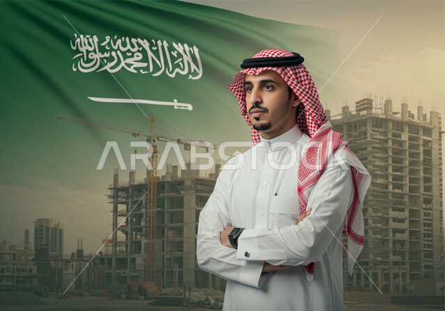 إحياء ذكرى اليوم الوطني السعودي 23 سبتمبر، المشاركة بالاحتفال بالمناسبات والأعياد الوطنية، صورة مقربة لرجل عربي خليجي سعودي يرتدي الثوب التقليدي والشماغ يقف بأيدي متقاطعة يقف في موقع الانشاءات، علم المملكة العربية السعودية 11 مارس، إيماءات الفخر والاعتزاز