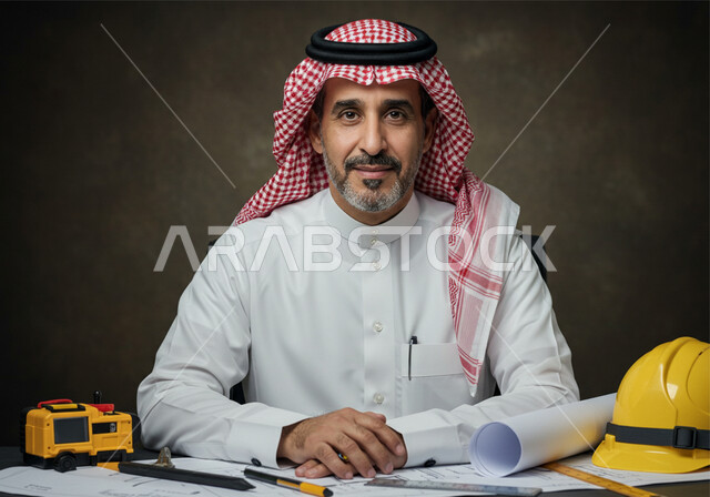 مهنة ووظيفة هندسية شبابية، مهندس عربي خليجي سعودي يرتدي الثوب التقليدي والشماغ يجلس على مكتب العمل، العمل في القطاع الهندسي في المملكة العربية السعودية، مفهوم ادارة المشاريع الهندسية والانشاءات